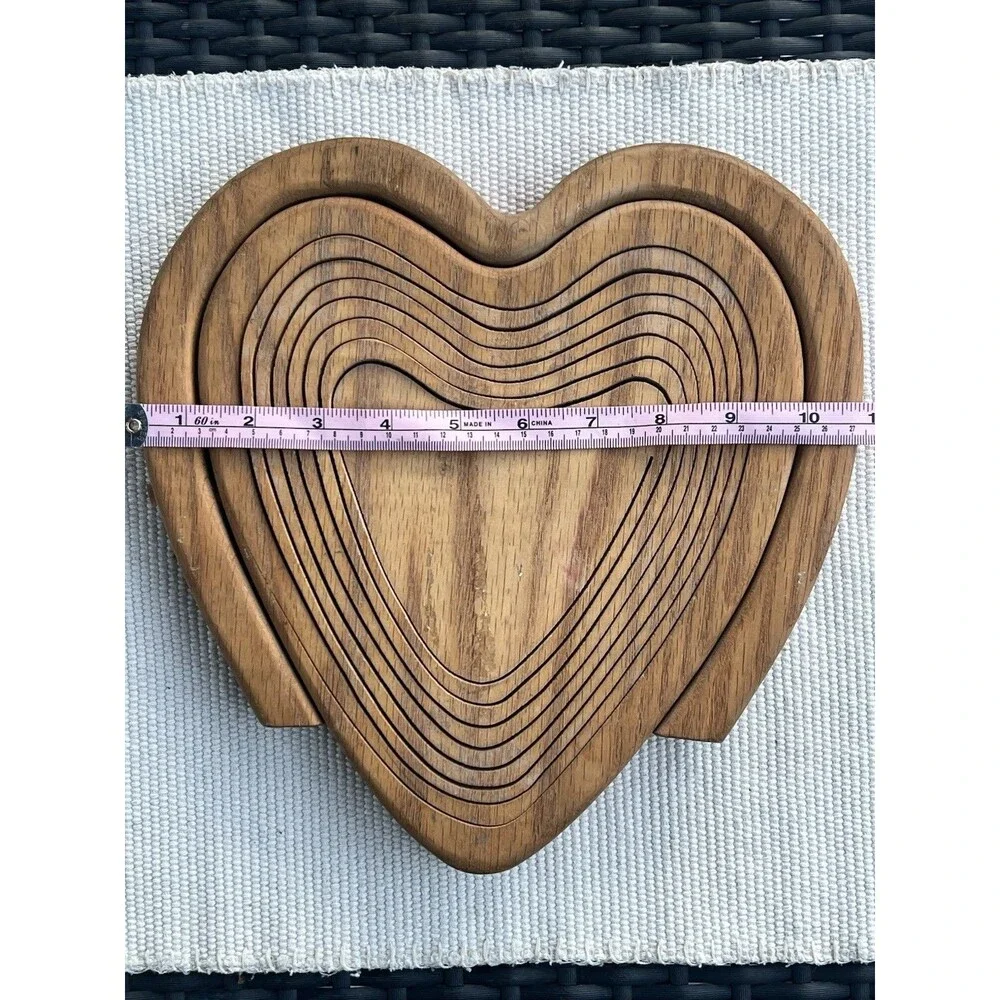 Vintage Handmade Heart Shaped Wooden Collapsible Basket With Handle Or Trivet